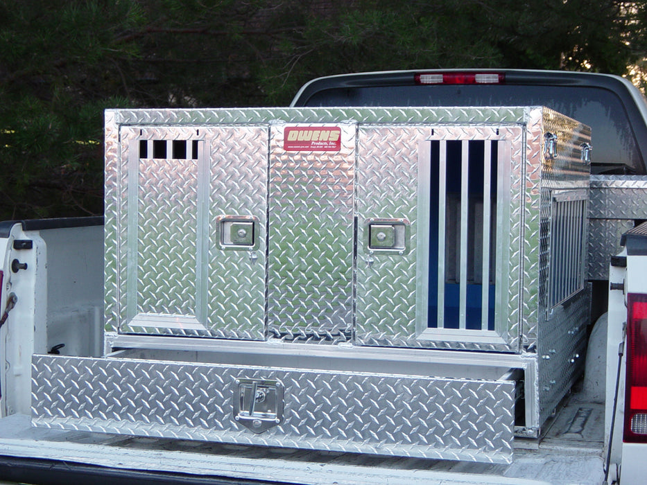 Owens Products 55057W Dog Box Pro Hunter Series Double Compartment with Bottom Drawer / Tall / 46 W x 45 D x 32 H / All Seasons Vents / Diamond Tread Aluminum / Owens Products - Truck Part Superstore