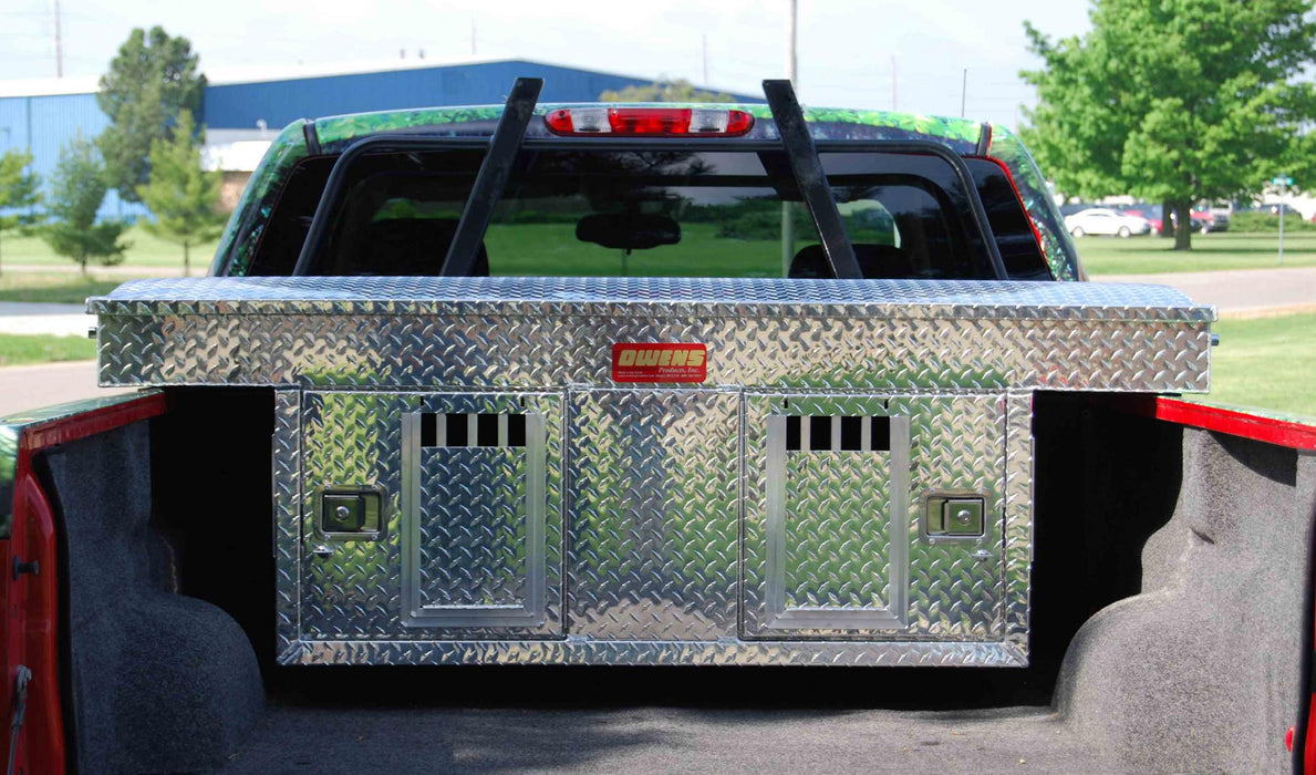 Owens Products 55072 Dog Box Hunter Series Double Compartment with Top Storage / Crossover / 71 W x 27 D x 25 H / Standard Vents / Diamond Tread Aluminum / Owens Products - Truck Part Superstore