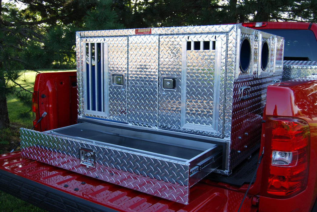 Owens Products 55080W Dog Box Pro Hunter Series Double Compartment with Bottom Drawer / Bear/Cat / 46 W x 45 D x 32 H / Striker Holes / Diamond Tread Aluminum / Owens Products - Truck Part Superstore