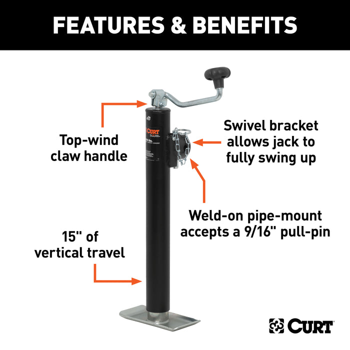 CURT 28323 Pipe-Mount Swivel Jack with Top Handle (2;000 lbs; 15in. Travel; Packaged) - Truck Part Superstore