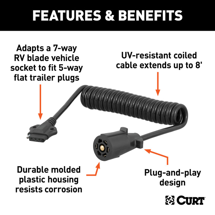 CURT 57282 8ft. Electrical Adapter Harness (7-Way RV Blade Vehicle to 5-Way Flat Trailer) - Truck Part Superstore