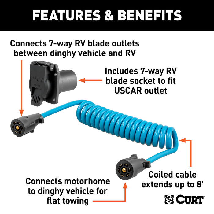 CURT 57284 8ft. Dinghy Towing Electrical Adapter/Socket (7-Way RV Blade; Fits USCAR) - Truck Part Superstore