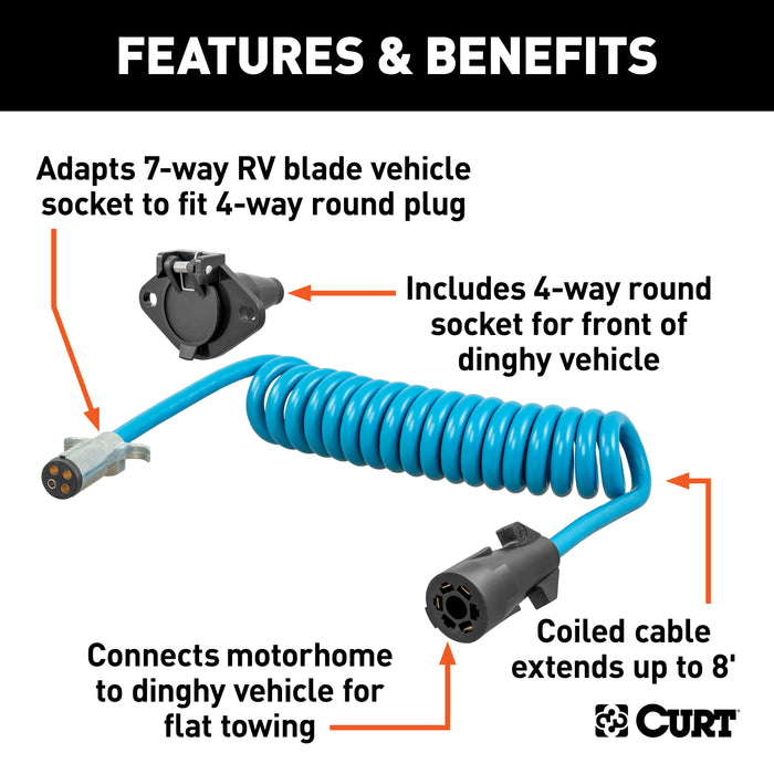 CURT 57285 8ft. Dinghy Towing Adapter/Socket (7-Way RV Blade to 4-Way Round Vehicle) - Truck Part Superstore