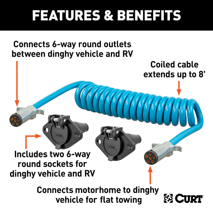 CURT 57286 8ft. Dinghy Towing Electrical Extension/Sockets (6-Way Round) - Truck Part Superstore