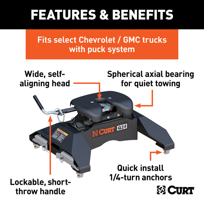 CURT 16067 Q24 5th Wheel Hitch; Select Silverado; Sierra 2500; 3500 HD; 8ft. Bed Puck Syste - Truck Part Superstore