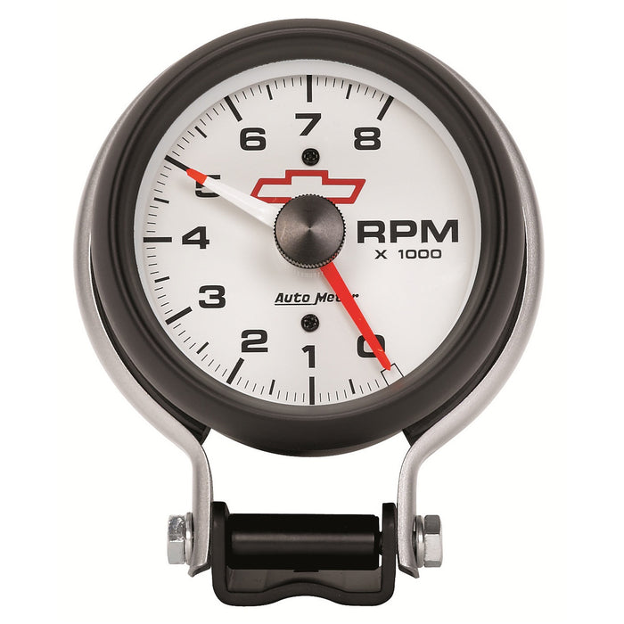 AutoMeter 5780-00406 GAUGE; TACHOMETER; 3 3/4in.; 8K RPM; PEDESTAL W/RED LINE; CHEVY RED BOWTIE; WHIT - Truck Part Superstore