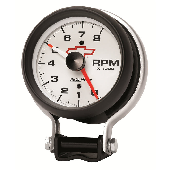 AutoMeter 5780-00406 GAUGE; TACHOMETER; 3 3/4in.; 8K RPM; PEDESTAL W/RED LINE; CHEVY RED BOWTIE; WHIT - Truck Part Superstore