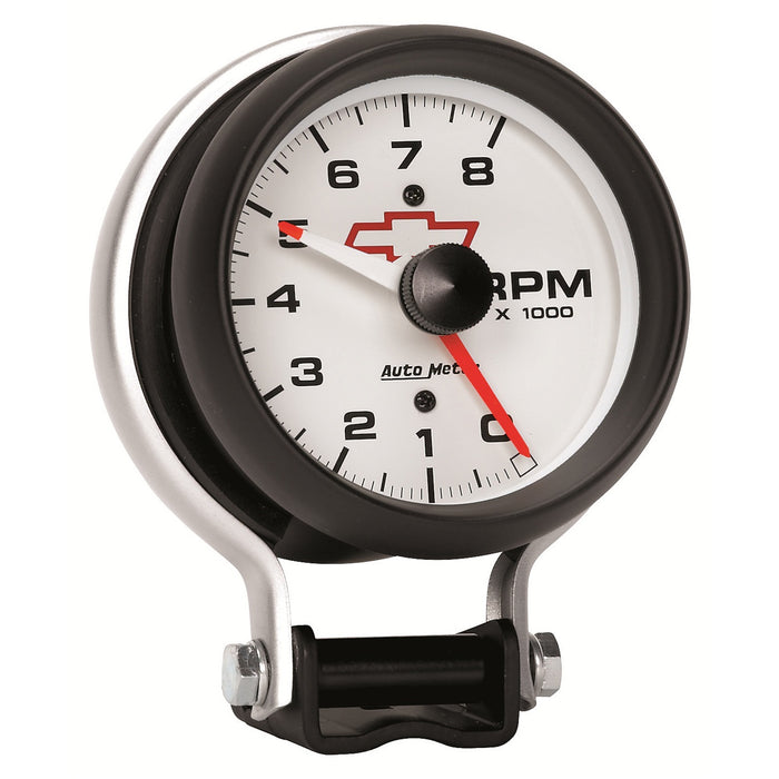 AutoMeter 5780-00406 GAUGE; TACHOMETER; 3 3/4in.; 8K RPM; PEDESTAL W/RED LINE; CHEVY RED BOWTIE; WHIT - Truck Part Superstore