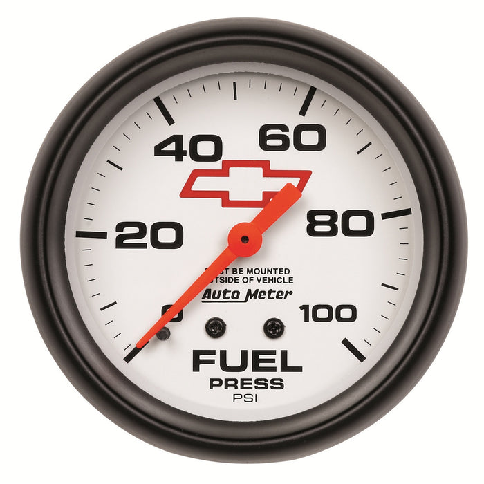 AutoMeter 5812-00406 GAUGE; FUEL PRESS; 2 5/8in.; 100PSI; MECHANICAL; CHEVY RED BOWTIE; WHITE - Truck Part Superstore