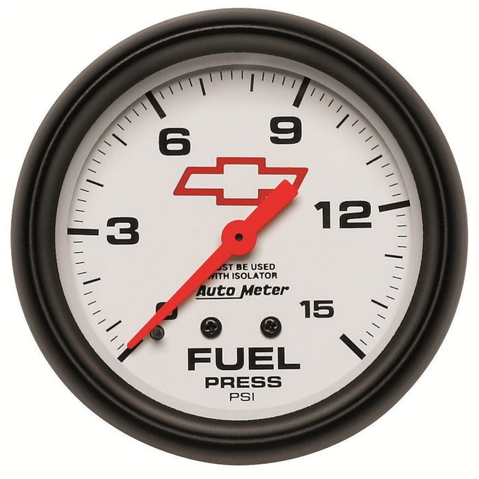 AutoMeter 5813-00406 GAUGE; FUEL PRESS; 2 5/8in.; 15PSI; MECH W/ISOLATOR; CHEVY RED BOWTIE; WHITE - Truck Part Superstore