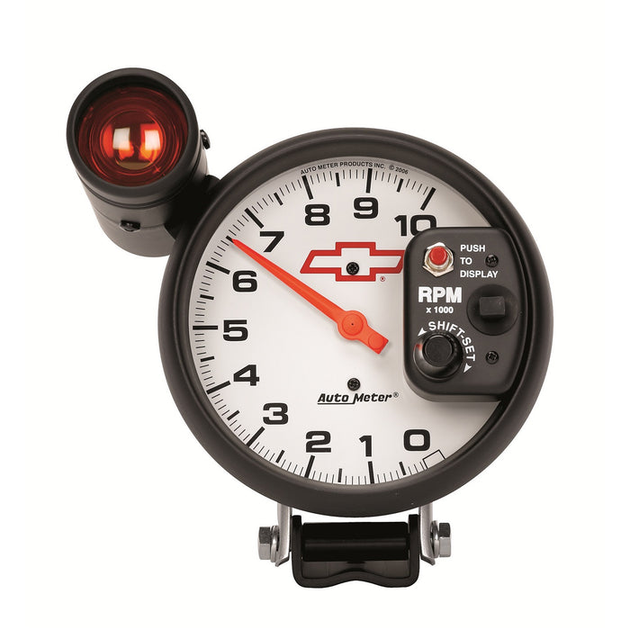AutoMeter 5899-00406 GAUGE; TACH; 5in.; 10K RPM; PEDESTAL W/EXT. SHIFT-LITE; CHEVY RED BOWTIE; WHITE - Truck Part Superstore