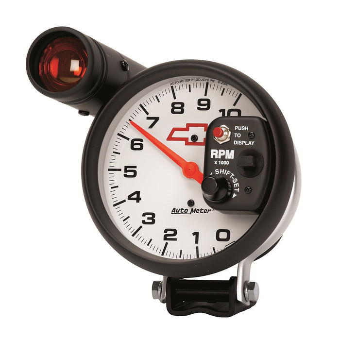AutoMeter 5899-00406 GAUGE; TACH; 5in.; 10K RPM; PEDESTAL W/EXT. SHIFT-LITE; CHEVY RED BOWTIE; WHITE - Truck Part Superstore