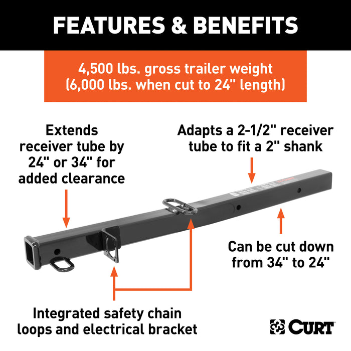 CURT 45048 Receiver Tube Adapter (2-1/2in. to 2in. Shank; 4;500 lbs. GTW; 34in. Length) - Truck Part Superstore