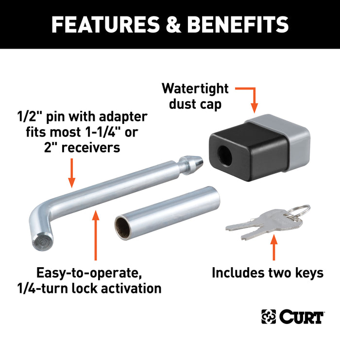 CURT 23024 1/2in. Hitch Lock with 5/8in. Adapter (1-1/4in. or 2in. Receiver; Deadbolt; Chro - Truck Part Superstore