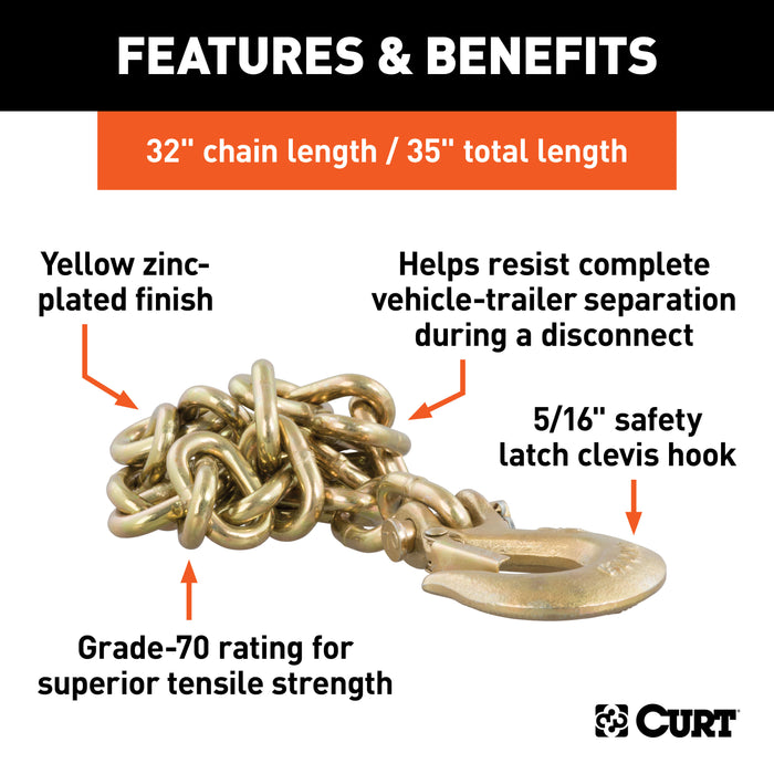 CURT 80304 35in. Safety Chain with 1 Clevis Hook (18;800 lbs; Yellow Zinc) - Truck Part Superstore