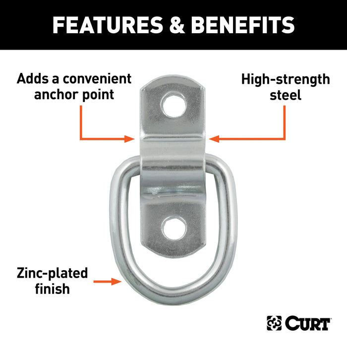 CURT 83730 1in. x 1-1/4in. Surface-Mounted Tie-Down D-Ring (1;200 lbs; Clear Zinc) - Truck Part Superstore