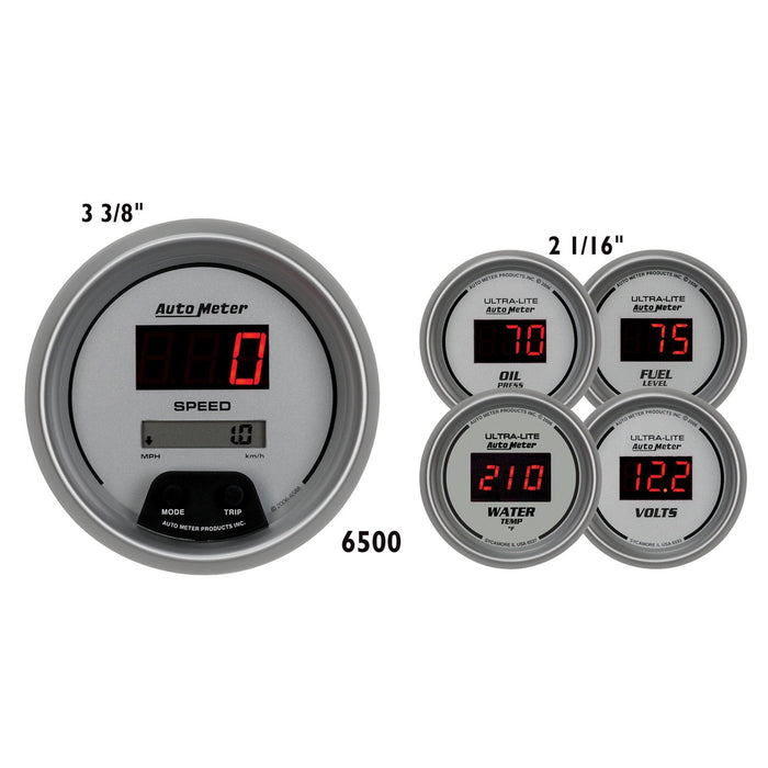 AutoMeter 6500 GAUGE KIT; 5 PC.; 3 3/8in./2 1/16in.; ELEC. SPEEDO.; DIGITAL; SILVER W/RED LED - Truck Part Superstore