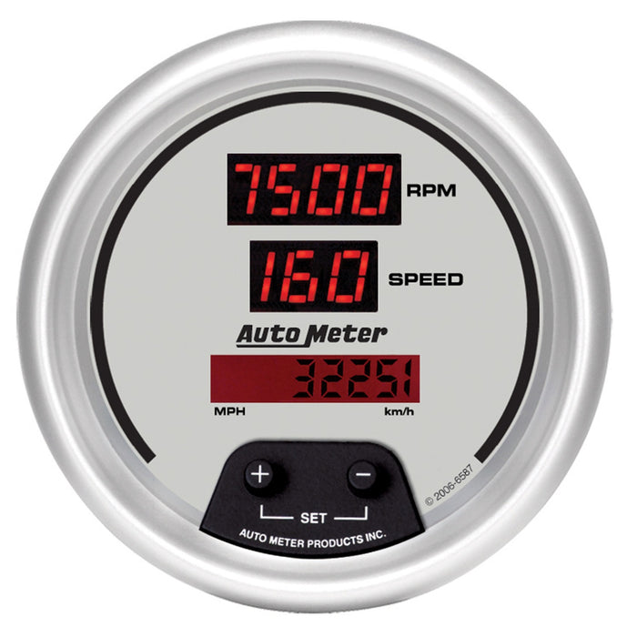 AutoMeter 6587 GAUGE; TACH/SPEED; 3 3/8in.; 260MPH/260KMH/10KRPM; ELEC PRGRM; DIG; SLVR W/RD LE - Truck Part Superstore