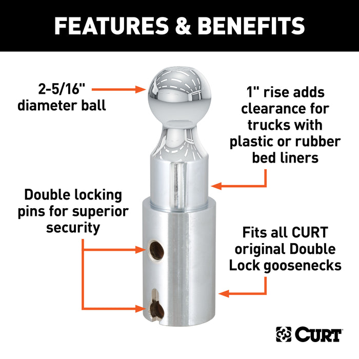 CURT 60603 Double Lock 2-5/16in. Riser Gooseneck Ball (1in. Rise for Bed Liner) - Truck Part Superstore