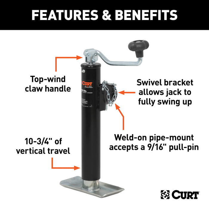 CURT 28351 Pipe-Mount Swivel Jack with Top Handle (5;000 lbs; 10in. Travel; Packaged) - Truck Part Superstore