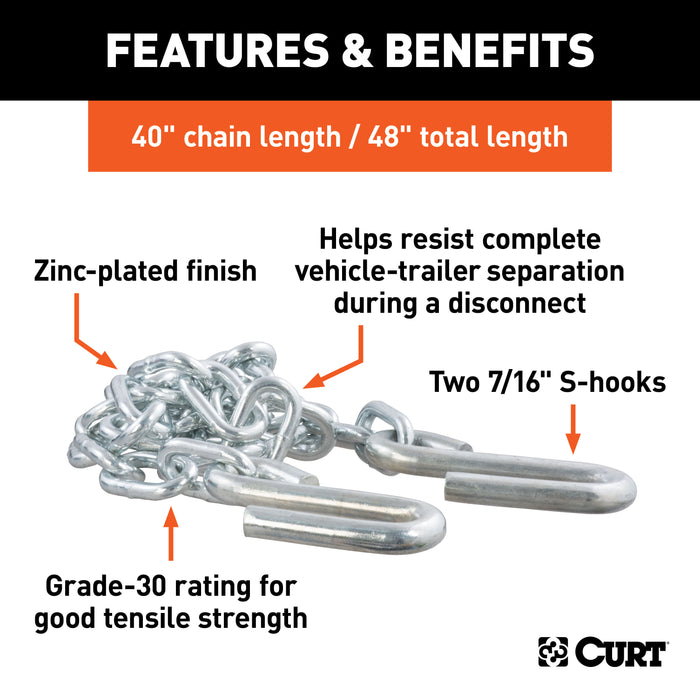 CURT 80030 48in. Safety Chain with 2 S-Hooks (5;000 lbs; Clear Zinc) - Truck Part Superstore