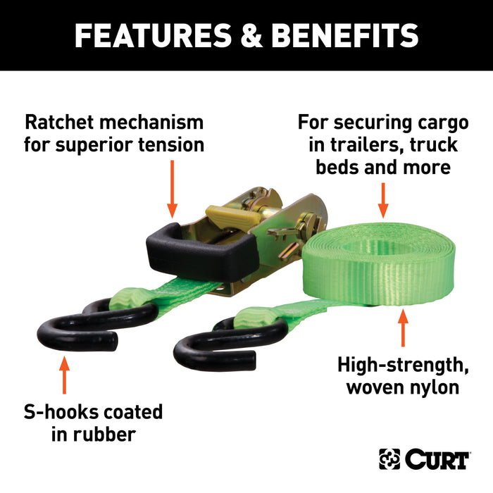CURT 83028 16ft. Lime Green Cargo Straps with S-Hooks (1;100 lbs; 2-Pack) - Truck Part Superstore