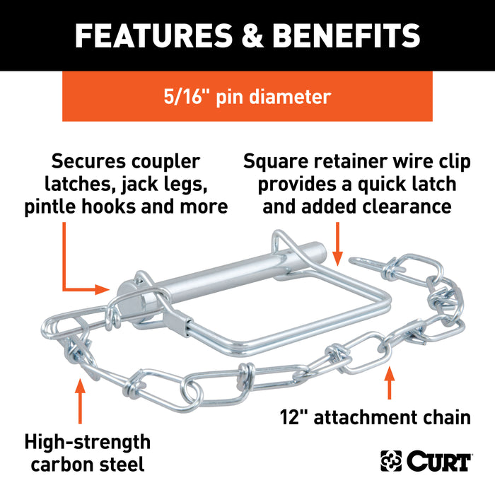 CURT 25034 5/16in. Safety Pin with 12in. Chain (3in. Pin Length) - Truck Part Superstore