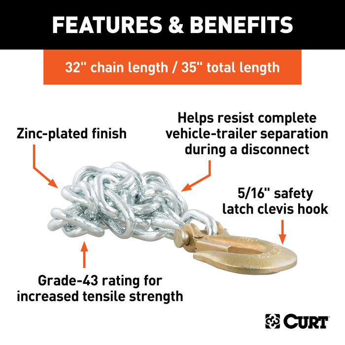 CURT 80314 35in. Safety Chain with 1 Clevis Hook (11;700 lbs; Clear Zinc) - Truck Part Superstore