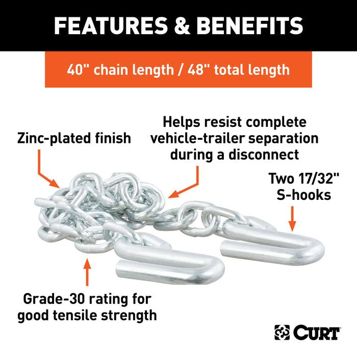 CURT 80301 48in. Safety Chain with 2 S-Hooks (7;000 lbs; Clear Zinc) - Truck Part Superstore