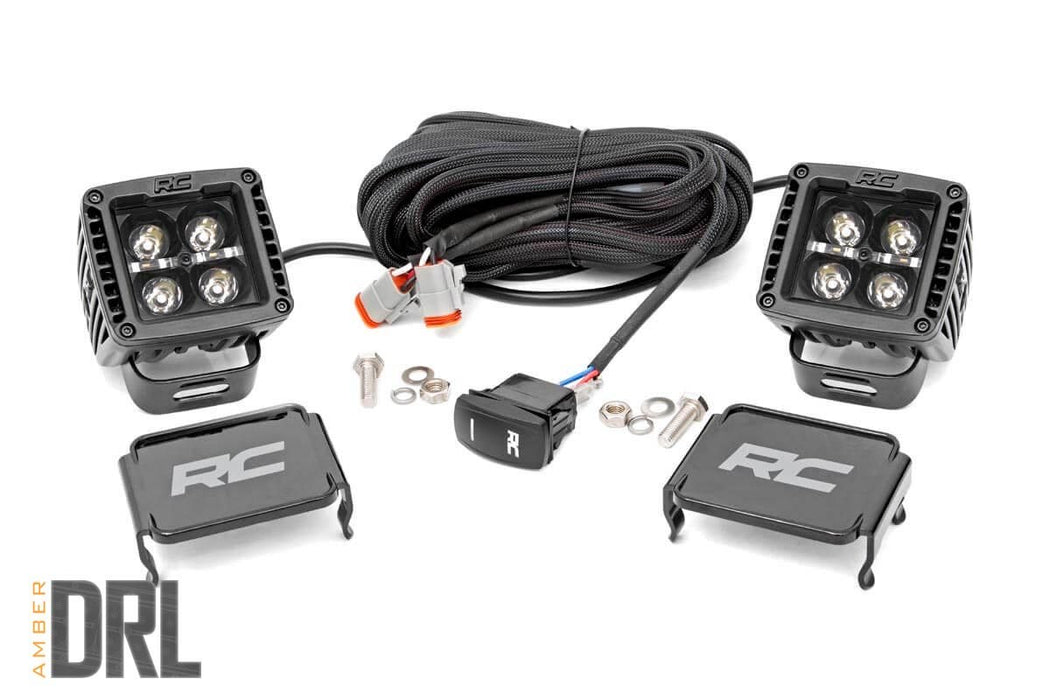 Rough Country 70903BLKDRLA 2 Inch Square Cree LED Lights Pair Black Series w/Amber DRL Rough Country - Truck Part Superstore