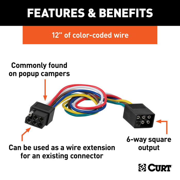 CURT 58034 6-Way Square Connector Plug/Socket with 12in. Wires (Packaged) - Truck Part Superstore
