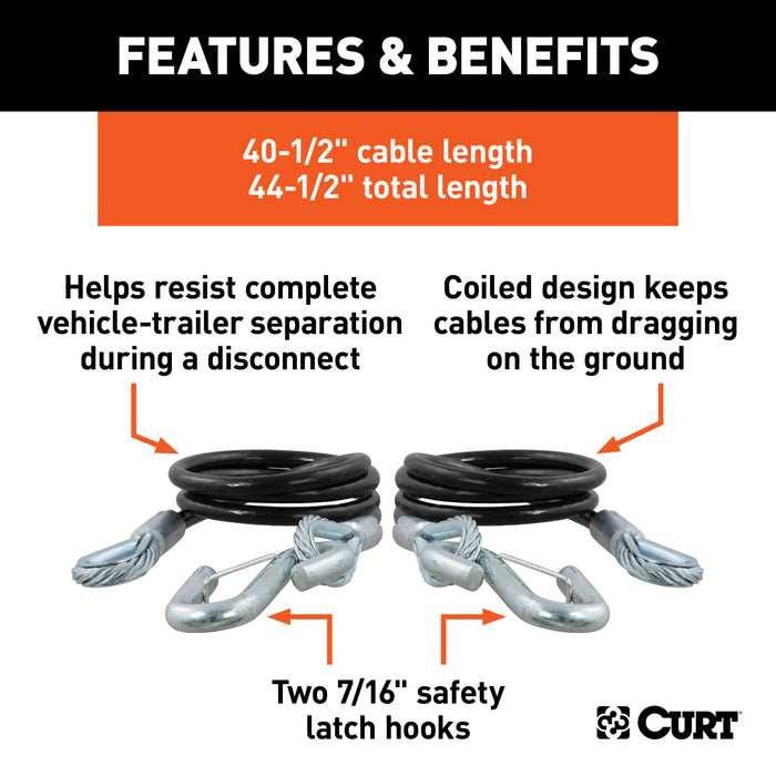 CURT 80151 44-1/2in. Safety Cables with 2 Snap Hooks (5;000 lbs; Vinyl-Coated; 2-Pack) - Truck Part Superstore