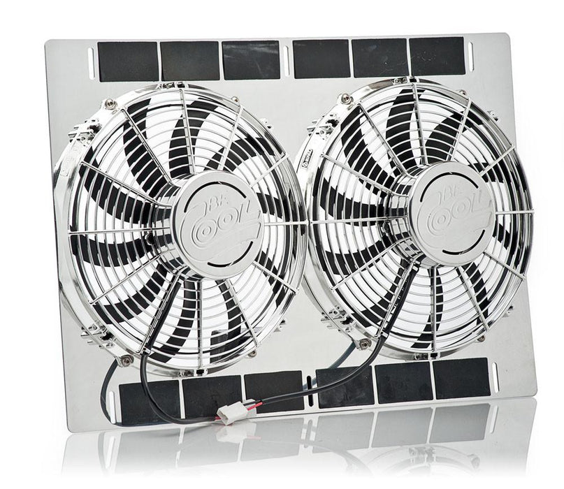 Be Cool 75338 13 Inch Show and Go Stainless Shroud 27 Inch W x 18 Inch H w/Dual Chrome High Torque Puller Fans Be Cool Radiator - Truck Part Superstore
