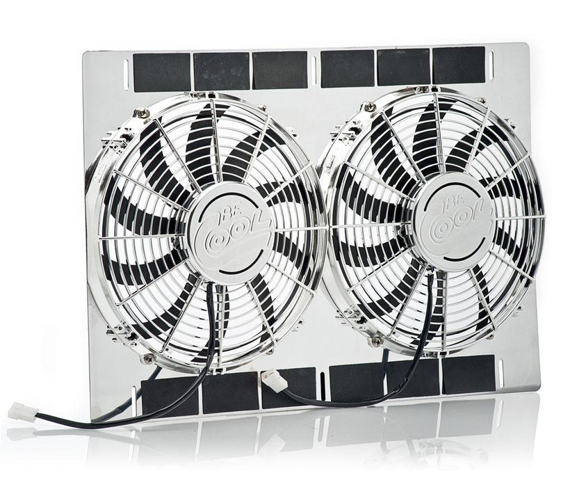 Be Cool 75339 13 Inch Show and Go Stainless Shroud 27 Inch W x 18 Inch H w/Dual Chrome Puller Fans Be Cool Radiator - Truck Part Superstore