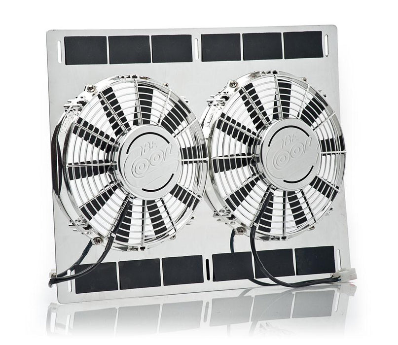 Be Cool 75480 12 Inch Show and Go Stainless Shroud 26 Inch W x 17 Inch H w/Dual Chrome Medium Profile Puller Fans Be Cool Radiator - Truck Part Superstore