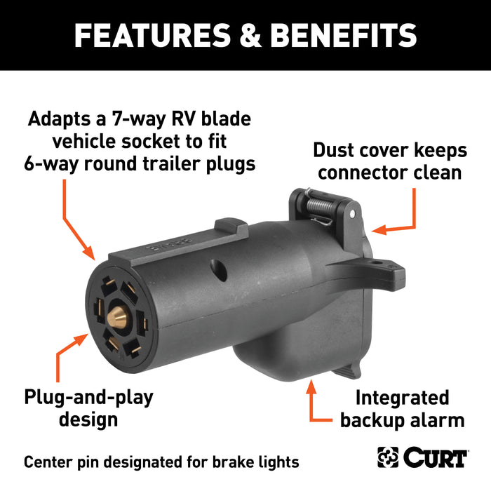CURT 57720 Adapter with Alarm (7-Way RV Blade to 6-Way Round Trailer; Center Pin Brake) - Truck Part Superstore