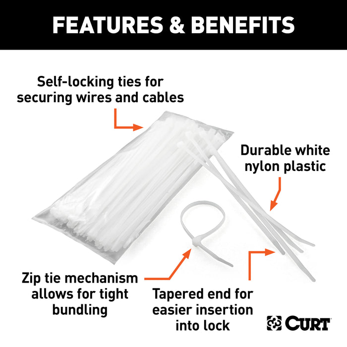 CURT 59728 CURT 59728 Plastic Zip Ties; White; 7-1/4-Inch Long; 100-Pack - Truck Part Superstore