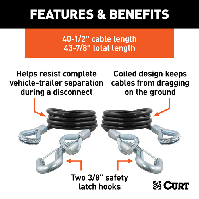 CURT 80136 43-7/8in. Safety Cables with 2 Snap Hooks (3;500 lbs; Vinyl-Coated; 2-Pack) - Truck Part Superstore