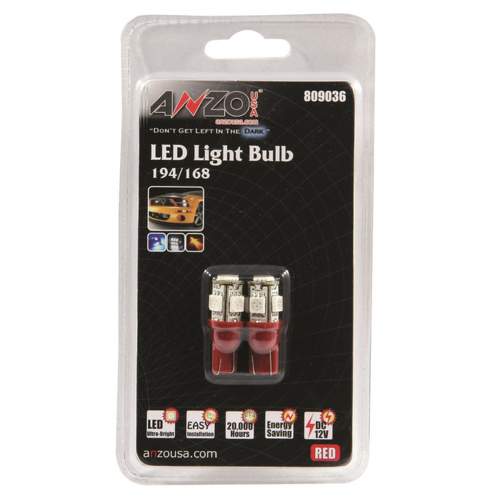 Anzo USA 809036 LED Replacement Bulb; 194/168; 5 LEDs; Red; - Truck Part Superstore