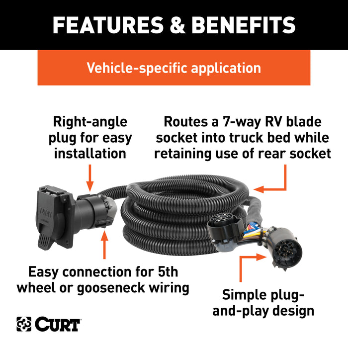 CURT 56000 10ft. Custom Wiring Extension Harness (Adds 7-Way RV Blade to Truck Bed) - Truck Part Superstore