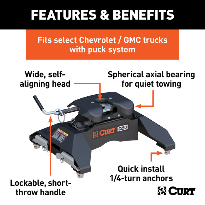 CURT 16065 Q20 5th Wheel Hitch; Select Silverado; Sierra 2500; 3500 HD; 8ft. Bed Puck Syste - Truck Part Superstore
