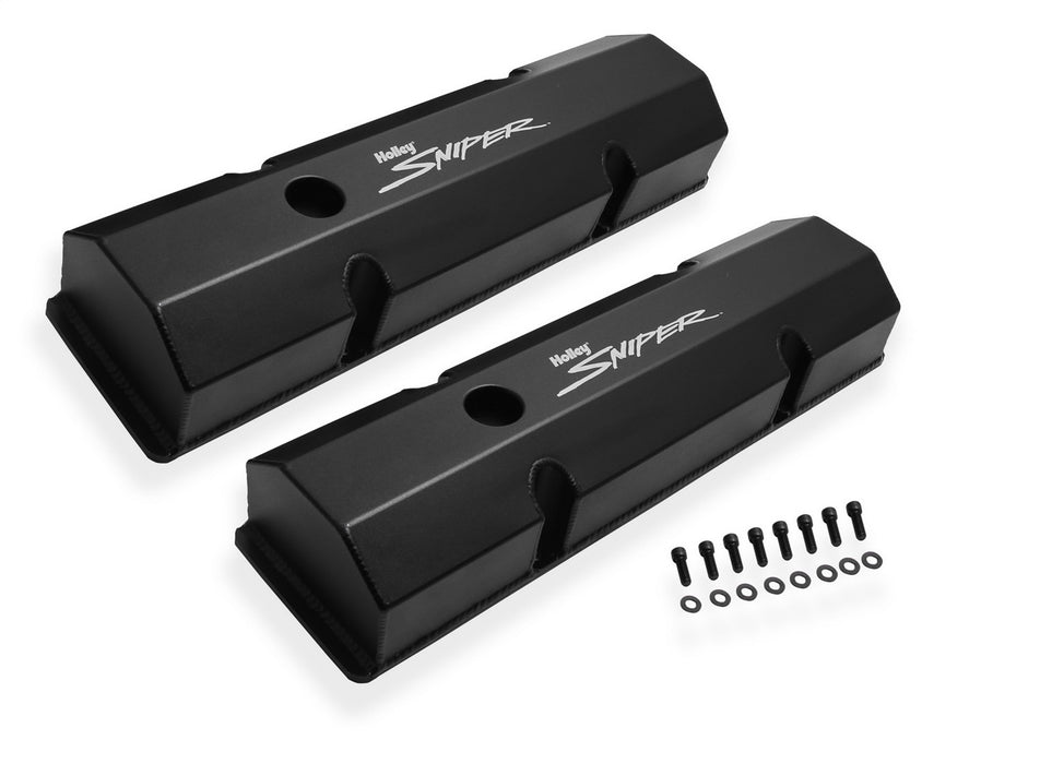 Holley 890010B Aluminum Valve Cover Set; Flat Top; w/Emissions Port; Pair; Black Finish; - Truck Part Superstore