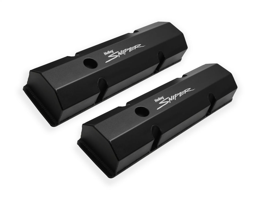 Holley 890010B Aluminum Valve Cover Set; Flat Top; w/Emissions Port; Pair; Black Finish; - Truck Part Superstore