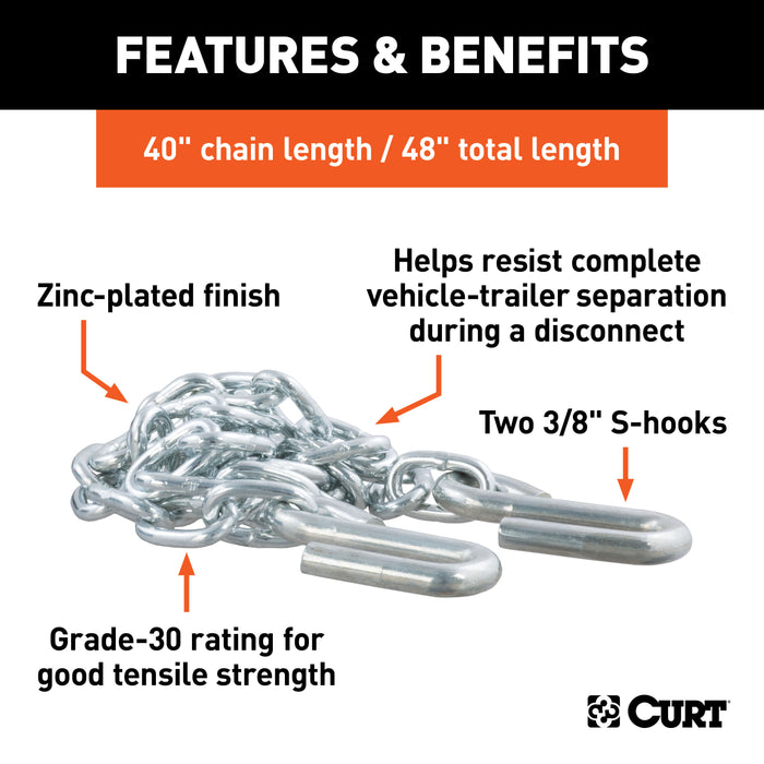 CURT 80011 48in. Safety Chain with 2 S-Hooks (2;000 lbs; Clear Zinc; Packaged) - Truck Part Superstore