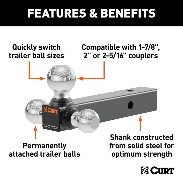 CURT 45655 Multi-Ball Mount (2in. Solid Shank; 1-7/8in.; 2in./2-5/16in. Chrome Balls) - Truck Part Superstore