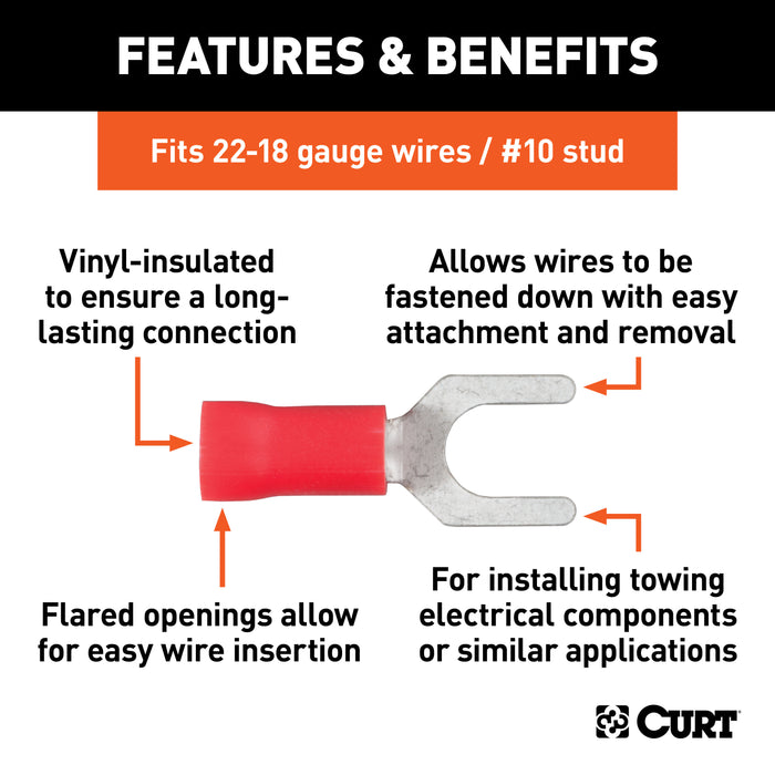 CURT 59611 Spade Terminals (22-18 Wire Gauge; #10 Stud Size; 100-Pack) - Truck Part Superstore