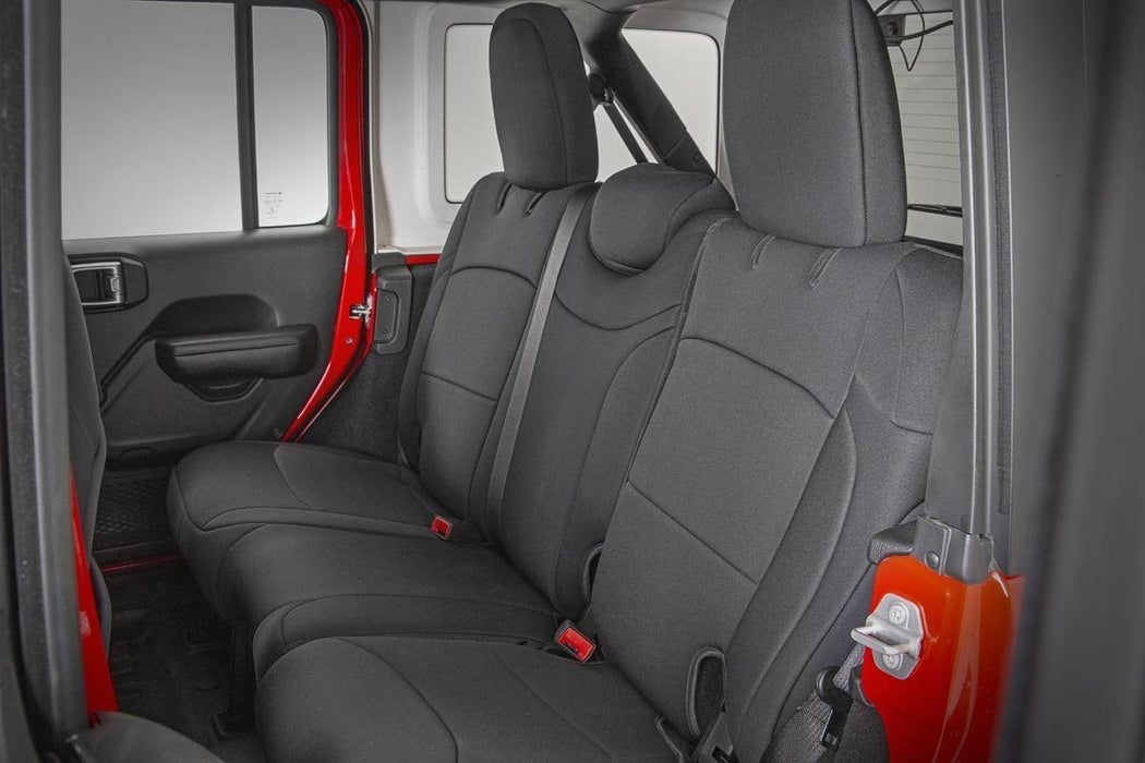 Rough Country 91012 Jeep Neoprene Seat Cover Set Black 18-20 Wrangler JL Unlimited w/Rear Center Armrest Rough Country - Truck Part Superstore