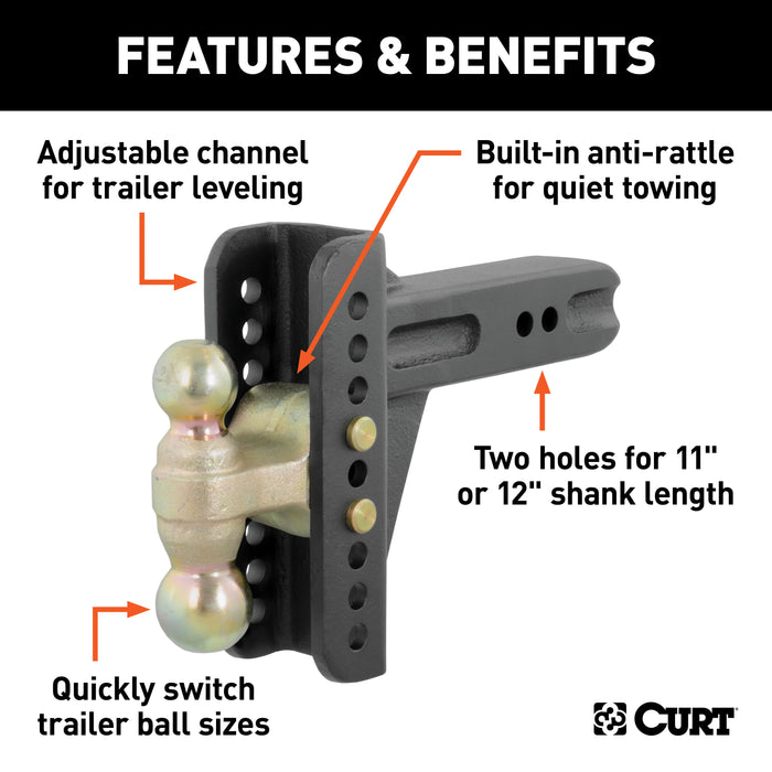 CURT 45902 Adjustable Channel Mount with Dual Ball (2-1/2in. Shank; 20;000 lbs.; 6in. Drop) - Truck Part Superstore