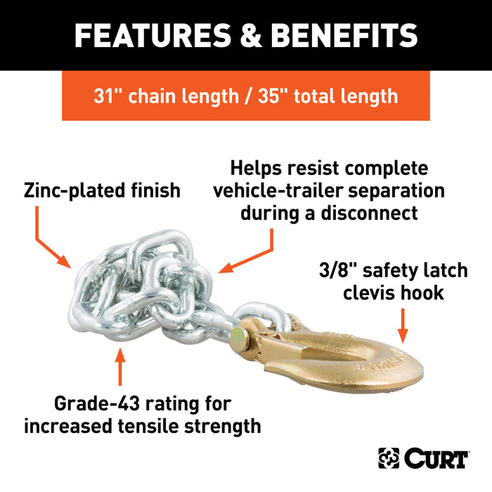 CURT 80315 35in. Safety Chain with 1 Clevis Hook (16;200 lbs; Yellow Zinc) - Truck Part Superstore