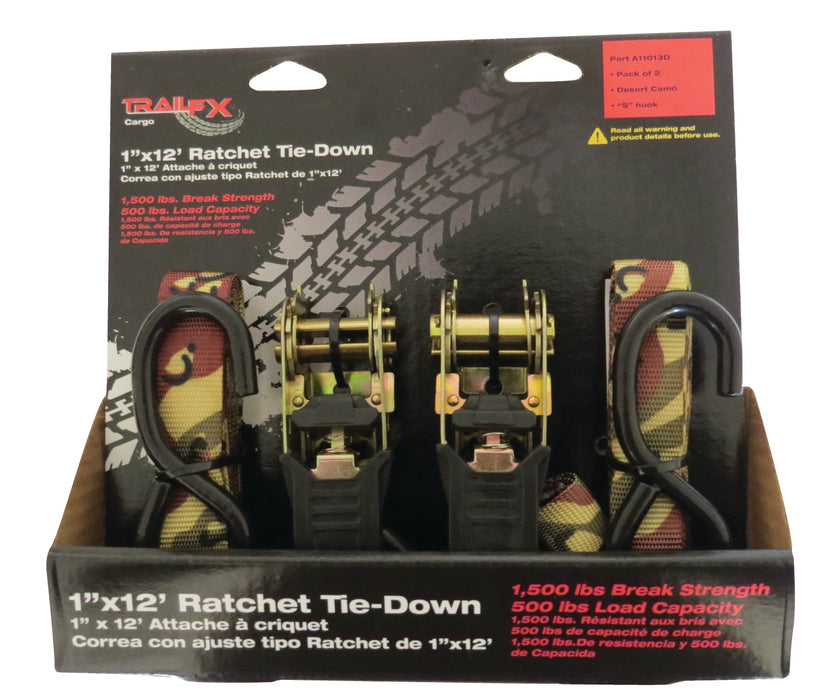 TrailFX A11013D Cargo Tie Down 12 Ft x 500 Lb Load Cap 1500 Lb Break Cap W/Ratchet Camo Pack 2 - Truck Part Superstore